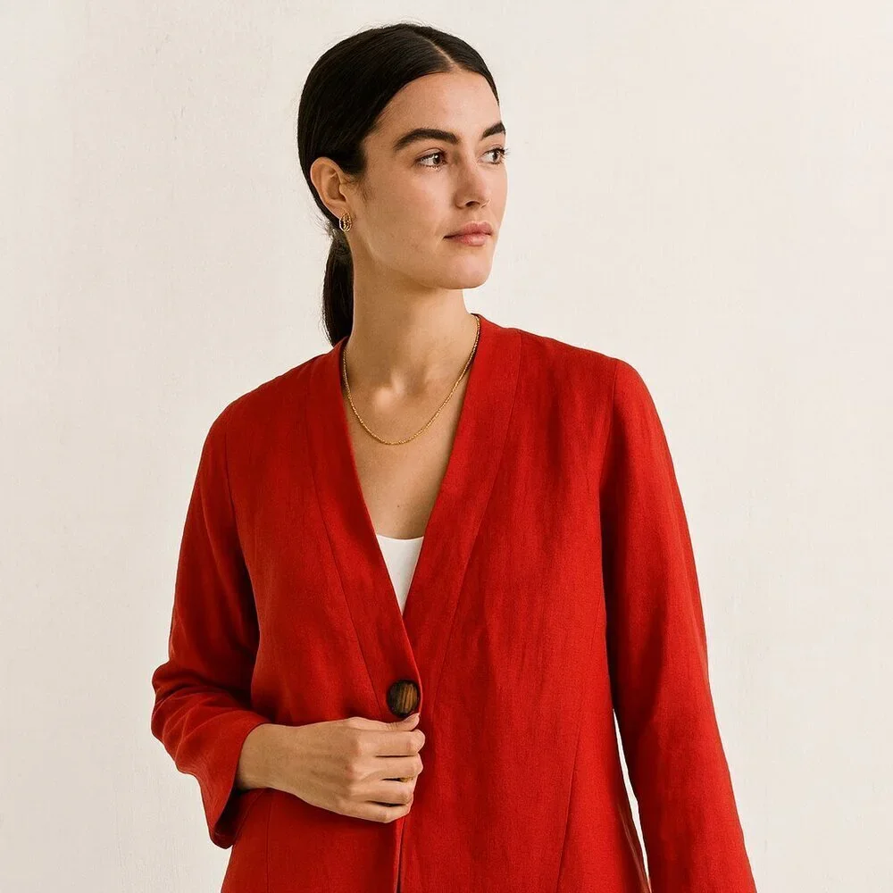 Lafayette 148 Red Linen Lagenlook One Button Blazer Jacket Lightweight  Size S - Picture 15 of 15